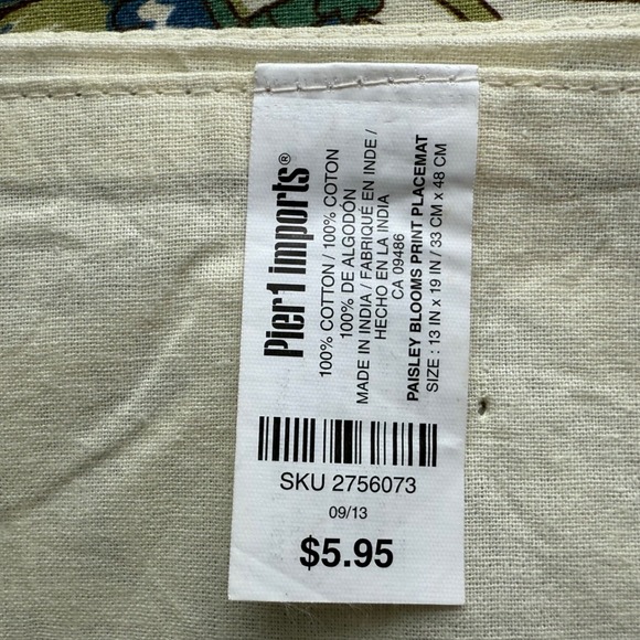 Pier‎ 1 Import Set of 4 Placemats Paisley Blooms 13x19 Blue Green Summer Spring - Picture 3 of 6